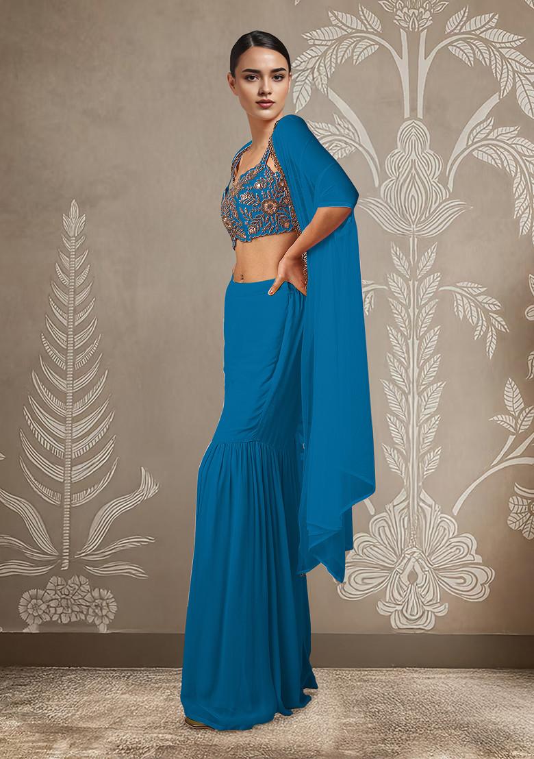 Blue Jacket Set With Hand Embroidered Blouse And Palazzo