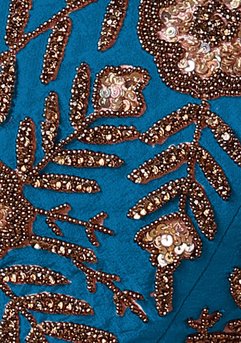 Blue Jacket Set With Hand Embroidered Blouse And Palazzo