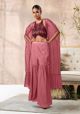 Pink Jacket Set With Hand Embroidered Blouse And Palazzo