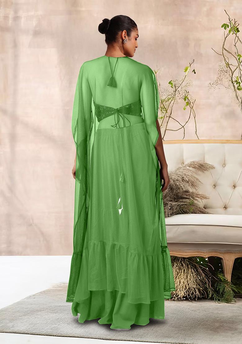 Green Jacket Set With Hand Embroidered Blouse And Palazzo