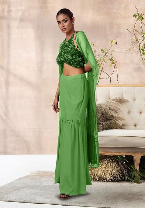 Green Jacket Set With Hand Embroidered Blouse And Palazzo