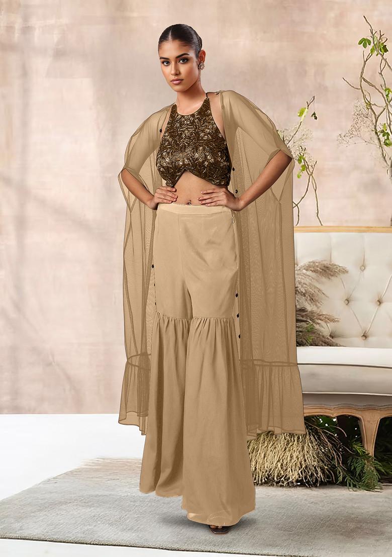 Beige Jacket Set With Hand Embroidered Blouse And Palazzo