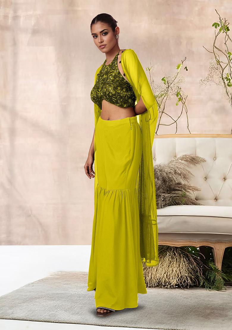 Yellow Jacket Set With Hand Embroidered Blouse And Palazzo