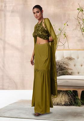 Olive Jacket Set With Hand Embroidered Blouse And Palazzo