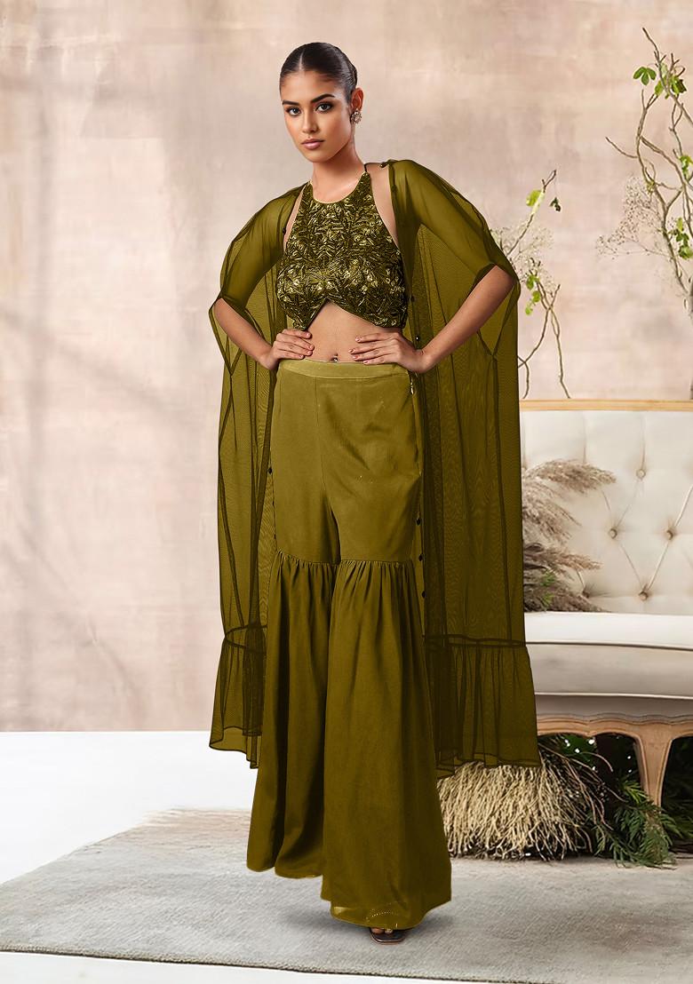 Olive Jacket Set With Hand Embroidered Blouse And Palazzo