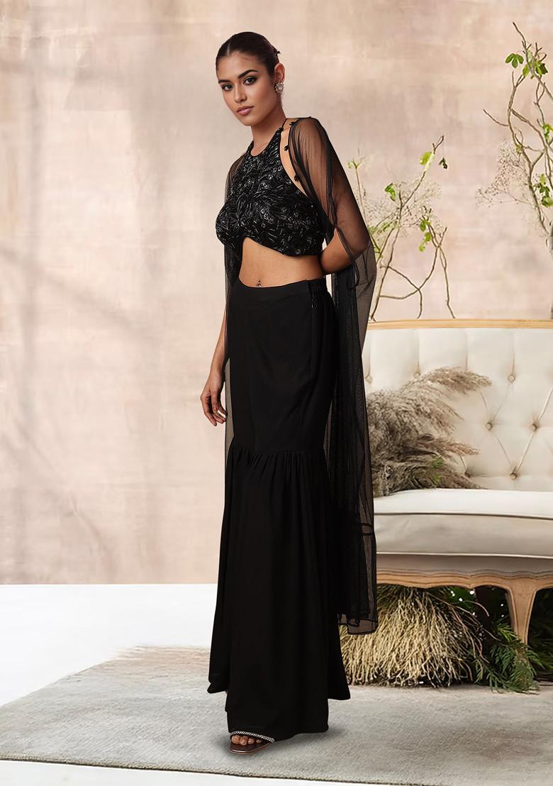 Black Jacket Set With Hand Embroidered Blouse And Palazzo