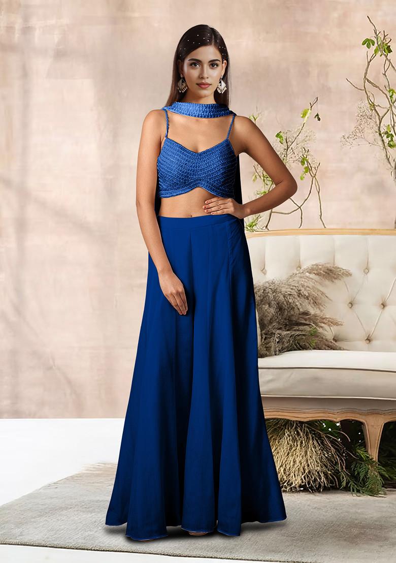 Blue Palazzo Set With Hand Embroidered Blouse And Dupatta