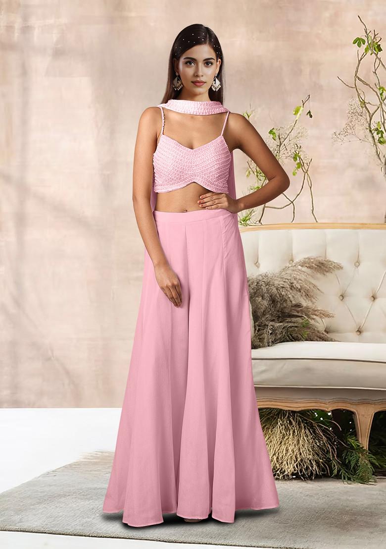 Pink Palazzo Set With Hand Embroidered Blouse And Dupatta