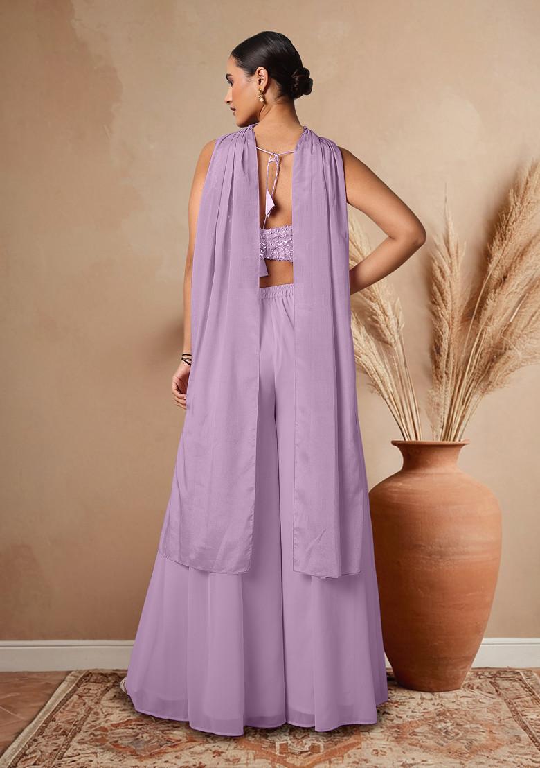 Purple Palazzo Set With Hand Embroidered Blouse And Dupatta