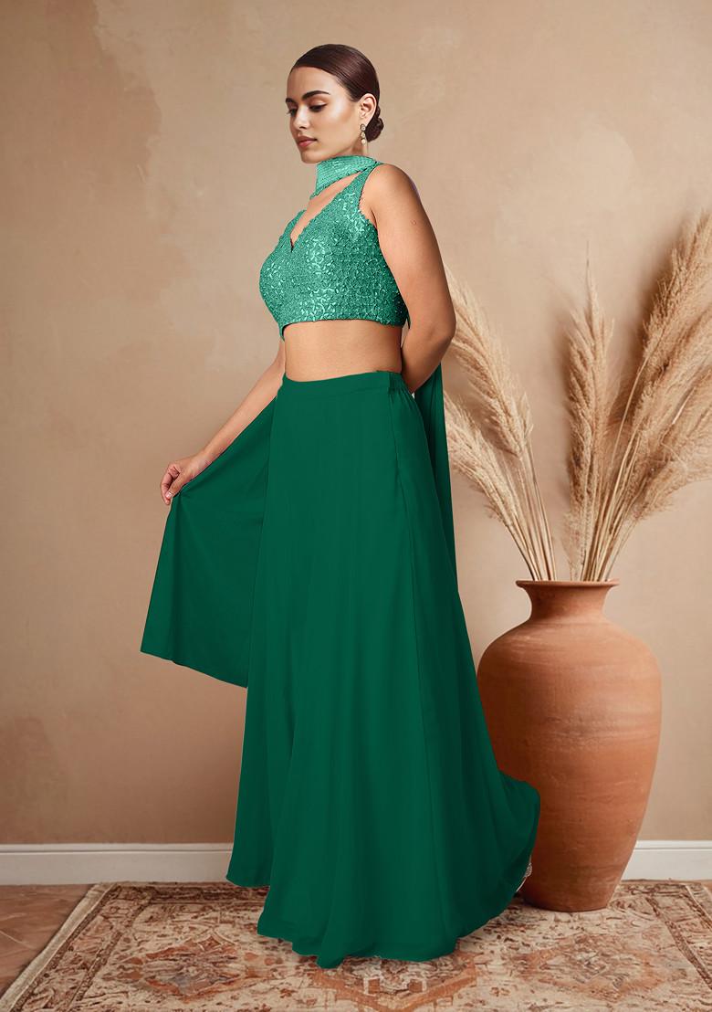 Green Palazzo Set With Hand Embroidered Blouse And Dupatta
