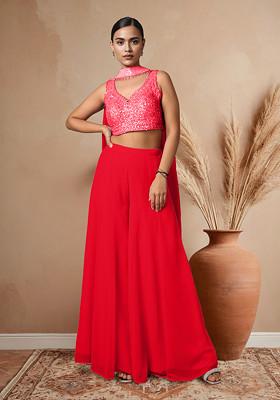 Red Palazzo Set With Hand Embroidered Blouse And Dupatta