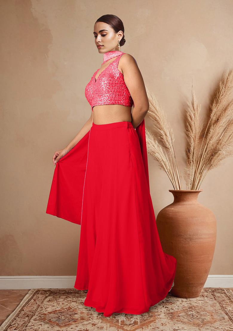 Red Palazzo Set With Hand Embroidered Blouse And Dupatta