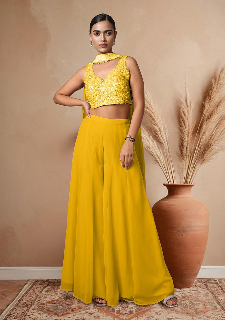 Yellow Palazzo Set With Hand Embroidered Blouse And Dupatta