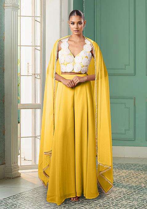 Yellow Palazzo Set With Hand Embroidered Blouse And Dupatta