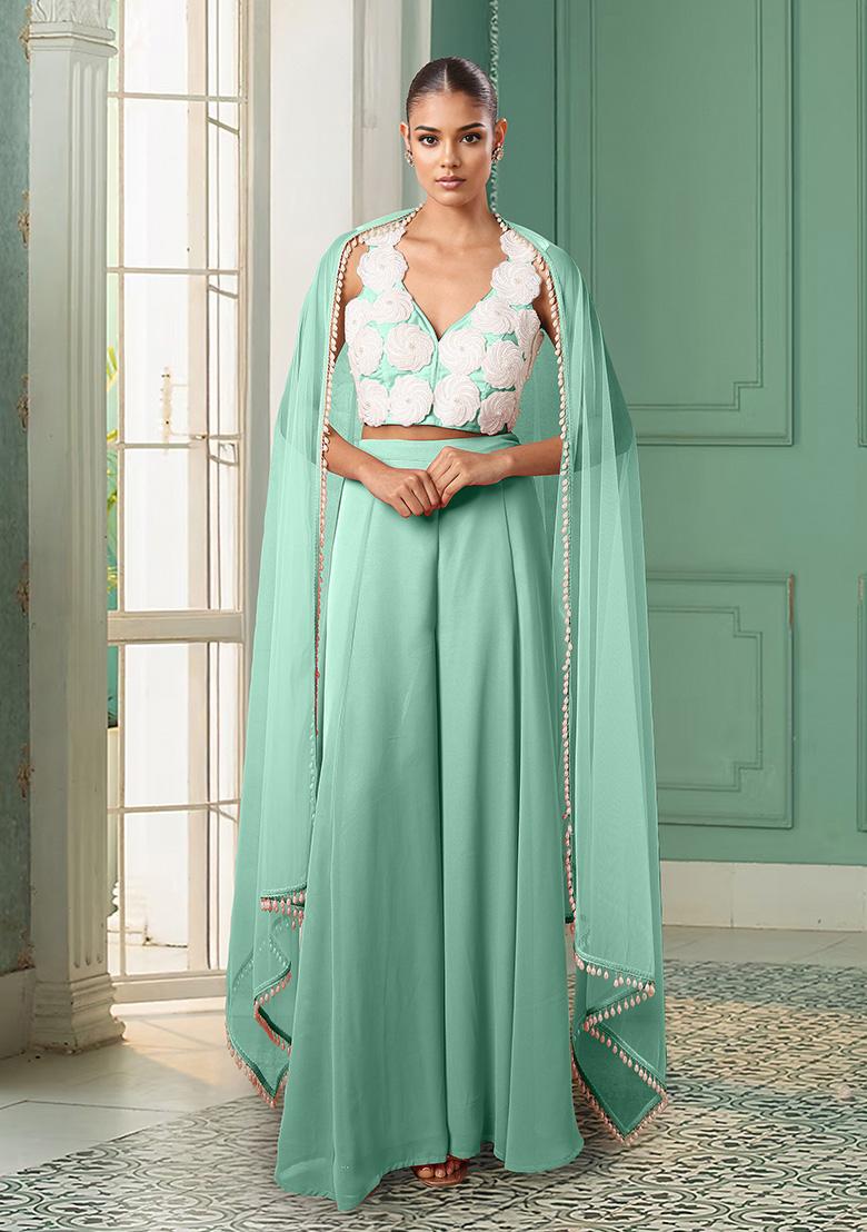 Blue Palazzo Set With Hand Embroidered Blouse And Dupatta