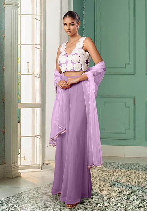 Lilac Palazzo Set With Hand Embroidered Blouse And Dupatta