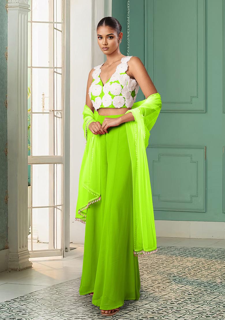 Green Palazzo Set With Hand Embroidered Blouse And Dupatta