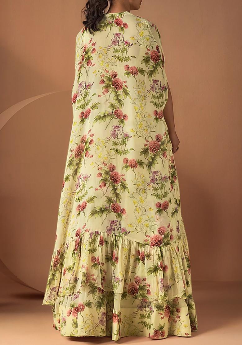 Yellow Jacket Set With Hand Embroidered Blouse And Palazzo