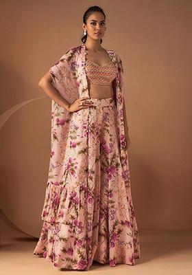 Pink Jacket Set With Hand Embroidered Blouse And Palazzo