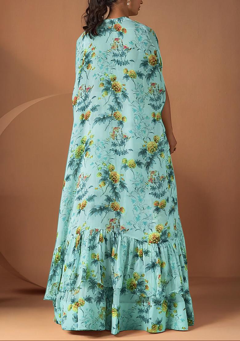 Blue Jacket Set With Hand Embroidered Blouse And Palazzo