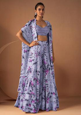 Lavender Jacket Set With Hand Embroidered Blouse And Palazzo