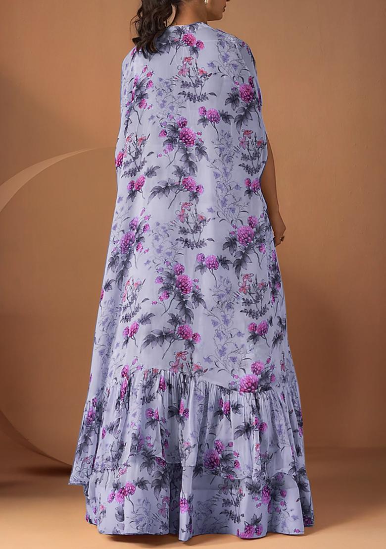 Lavender Jacket Set With Hand Embroidered Blouse And Palazzo