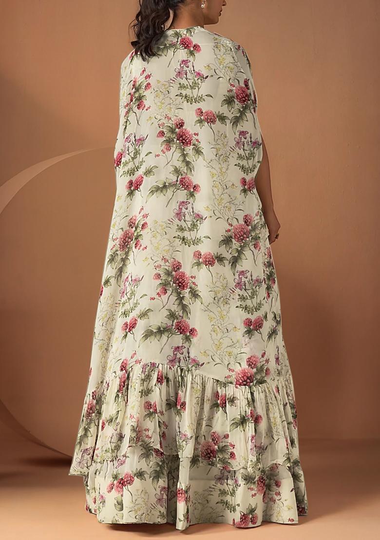 Off White Jacket Set With Hand Embroidered Blouse And Palazzo