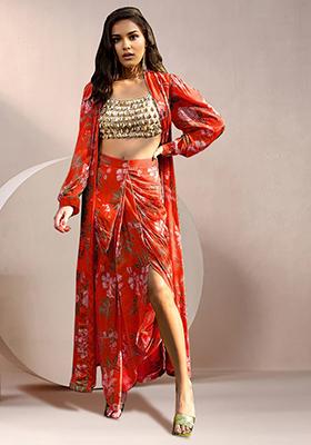 Coral Jacket Set With Hand Embroidered Blouse And Skirt