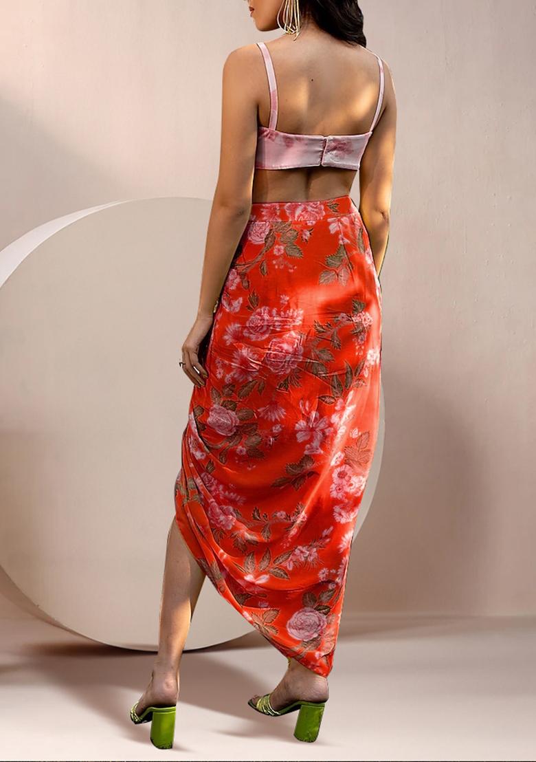 Coral Jacket Set With Hand Embroidered Blouse And Skirt