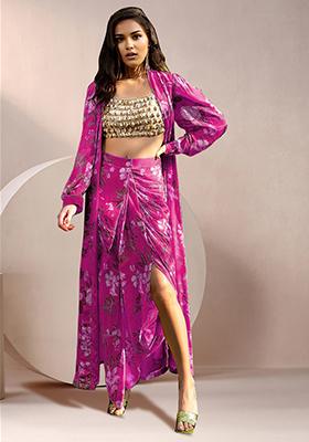 Pink Jacket Set With Hand Embroidered Blouse And Skirt