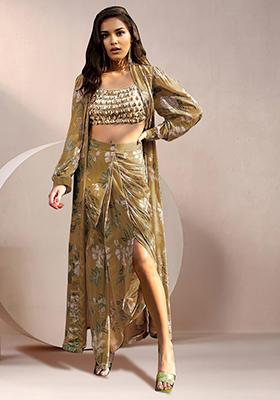 Beige Jacket Set With Hand Embroidered Blouse And Skirt