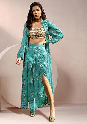 Blue Jacket Set With Hand Embroidered Blouse And Skirt