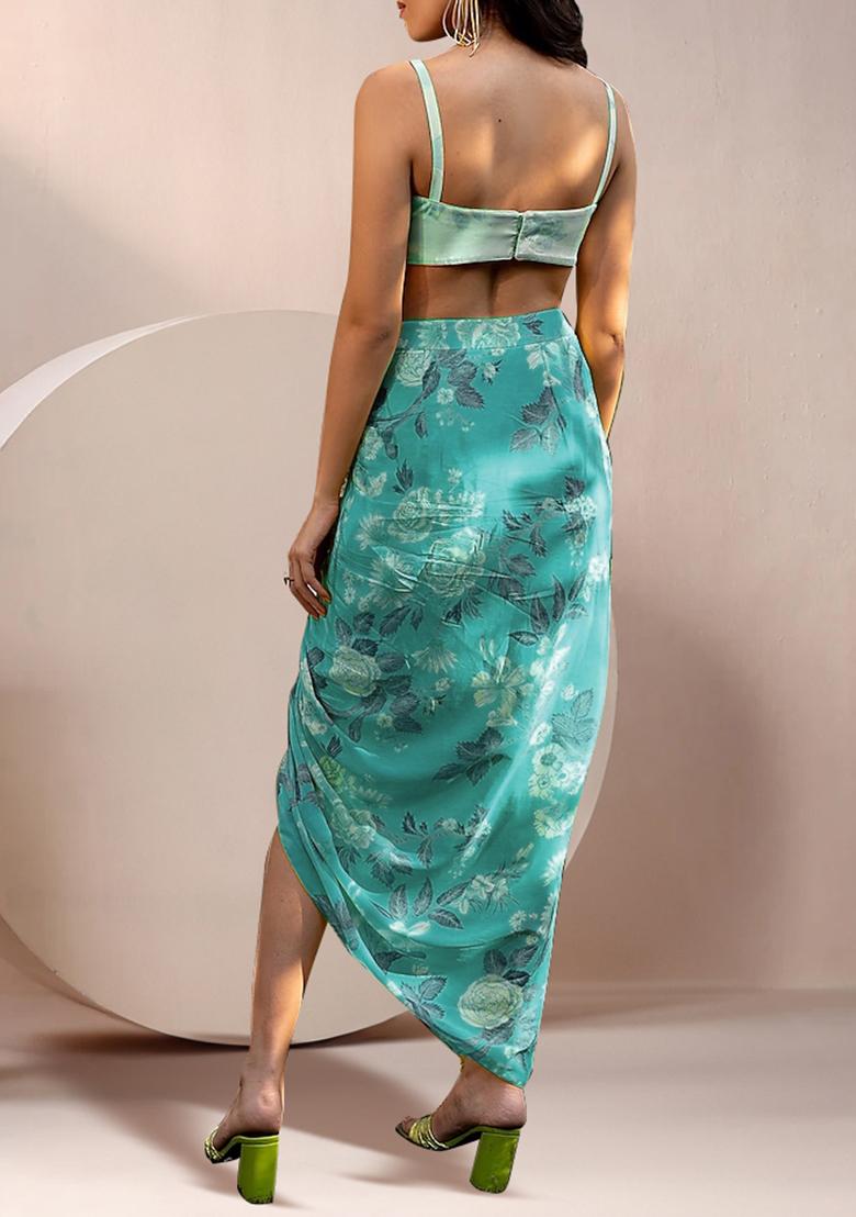 Blue Jacket Set With Hand Embroidered Blouse And Skirt