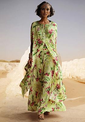 Green Hand Embroidered Palazzo Set With Bustier And Kurta