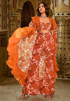 Orange Jacket Set With Hand Embroidered Blouse And Pants