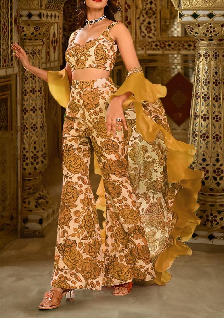 Golden Jacket Set With Hand Embroidered Blouse And Pants