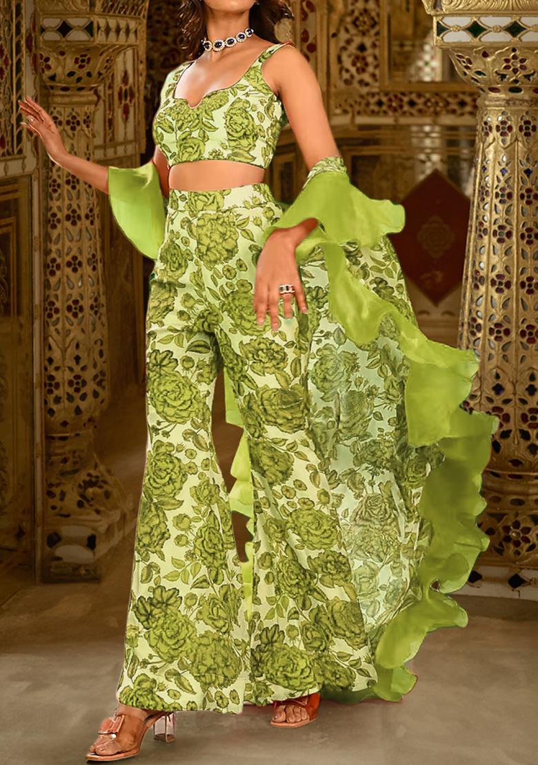 Green Jacket Set With Hand Embroidered Blouse And Pants