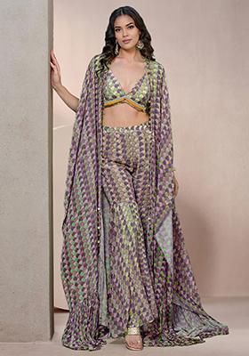 Purple Jacket Set With Hand Embroidered Blouse And Palazzo