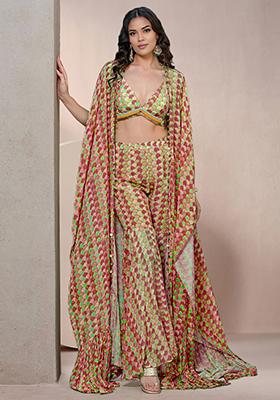 Pink Jacket Set With Hand Embroidered Blouse And Palazzo