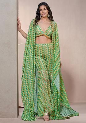 Green Jacket Set With Hand Embroidered Blouse And Palazzo