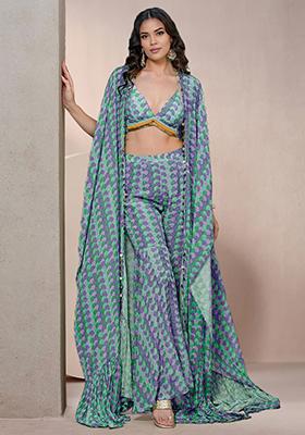 Blue Jacket Set With Hand Embroidered Blouse And Palazzo