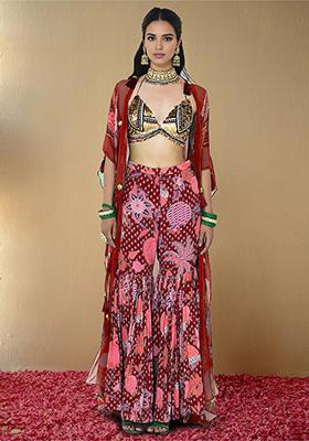 Maroon Jacket Set With Hand Embroidered Blouse And Sharara