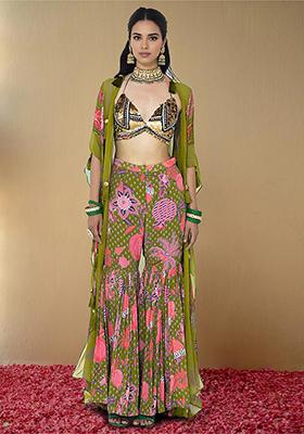 Green Jacket Set With Hand Embroidered Blouse And Sharara