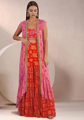 Red Jacket Set With Hand Embroidered Blouse And Sharara