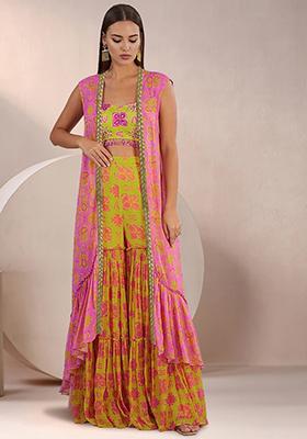 Green Jacket Set With Hand Embroidered Blouse And Sharara