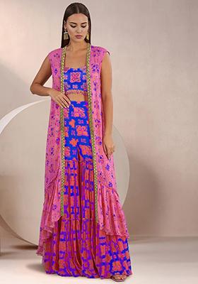 Blue Jacket Set With Hand Embroidered Blouse And Sharara