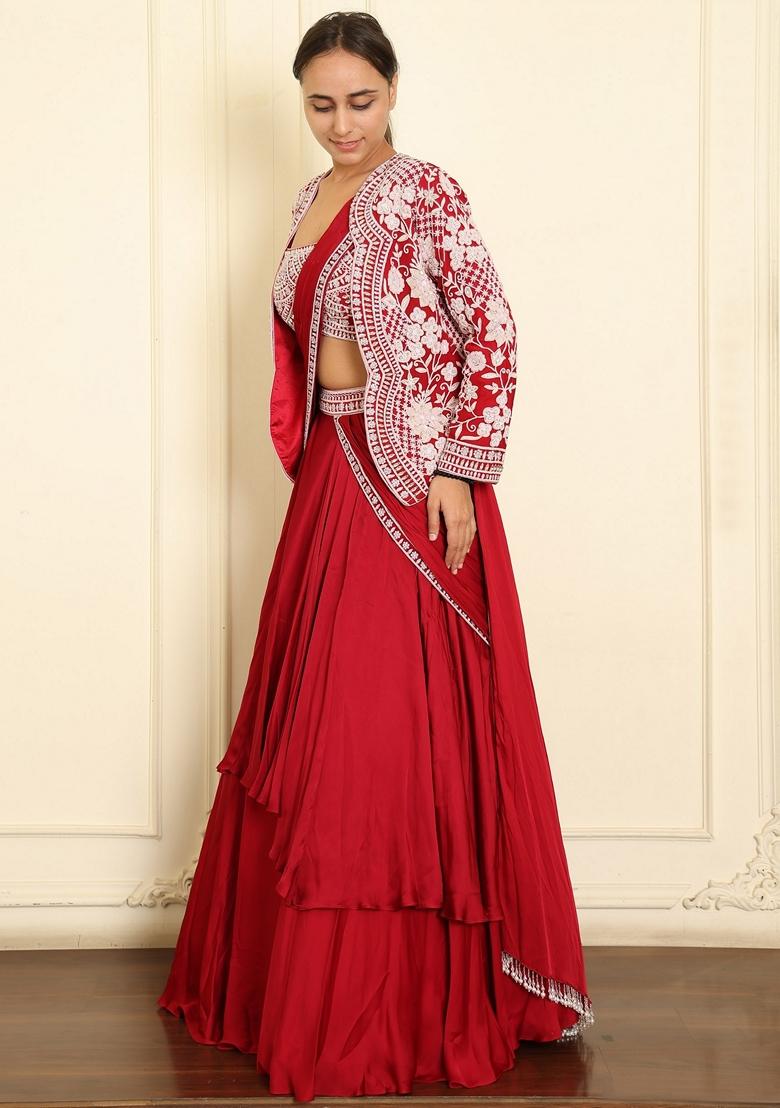 Pink Skirt Set With Hand Embroidered Blouse And Jacket