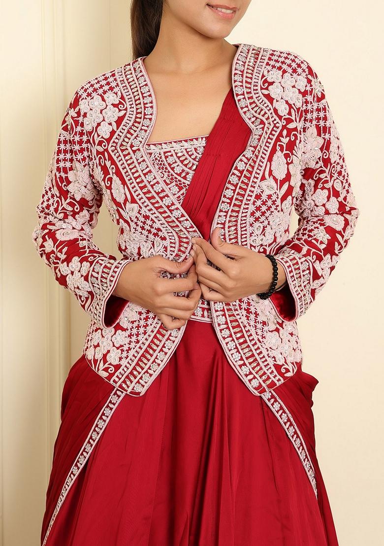 Pink Skirt Set With Hand Embroidered Blouse And Jacket