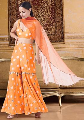 Orange Palazzo Set With Hand Embroidered Blouse And Dupatta