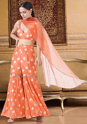 Red Palazzo Set With Hand Embroidered Blouse And Dupatta